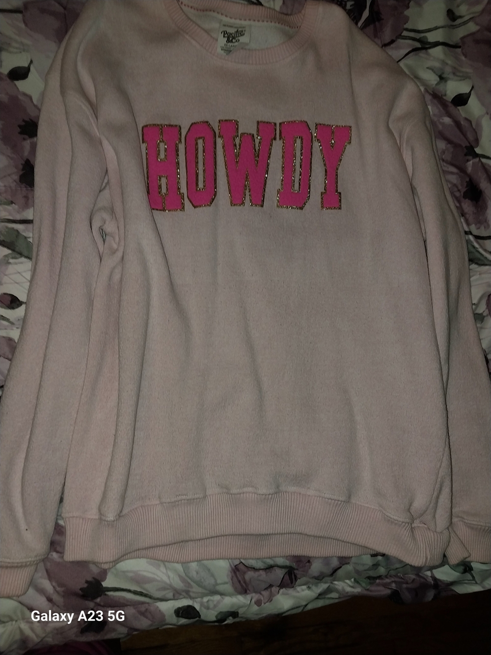 Pacifica Light Pink Crewneck Sweater with Hot Pink HOWDY Applique